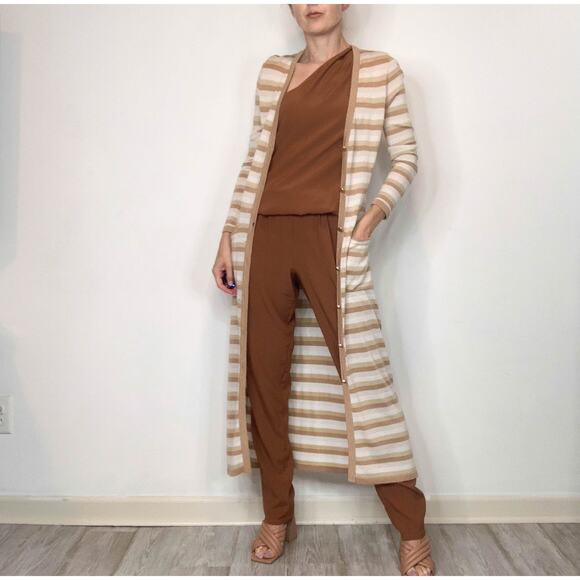 NWOT L'AGENCE Marija metallic striped long cardigan duster tan button front 3045 - Picture 3 of 11
